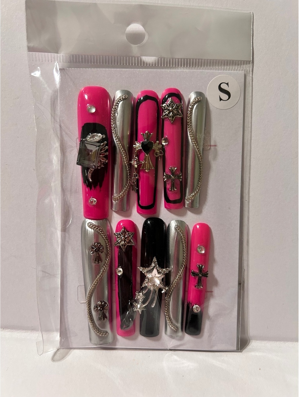 Set of Decorative Pink and Black Press-On Nails with Rhinestone and Cross Charms